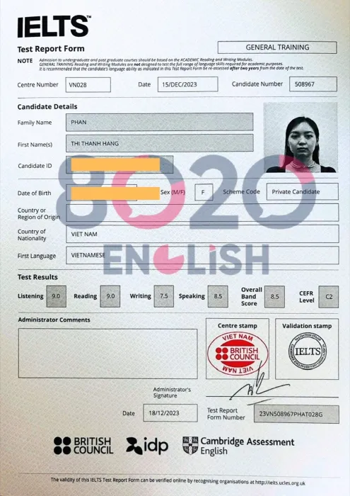 Bảng điểm IELTS học viên 1