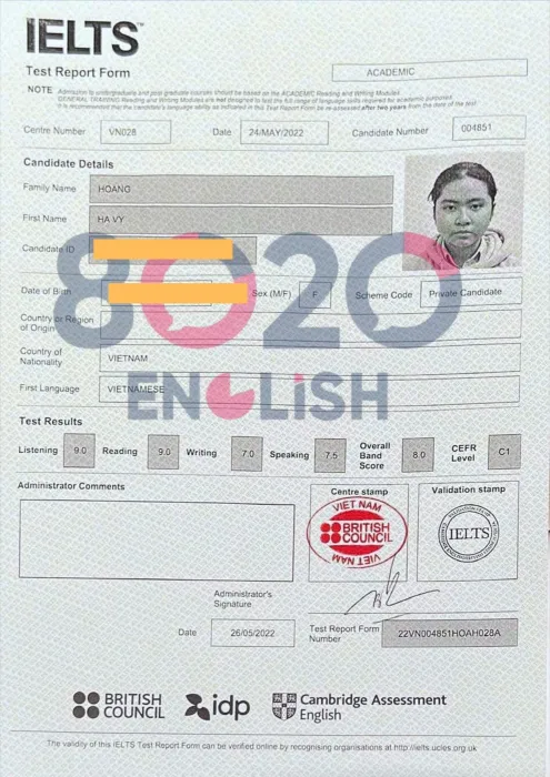 Bảng điểm IELTS học viên 4