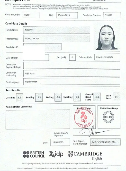 Bảng điểm IELTS học viên 6