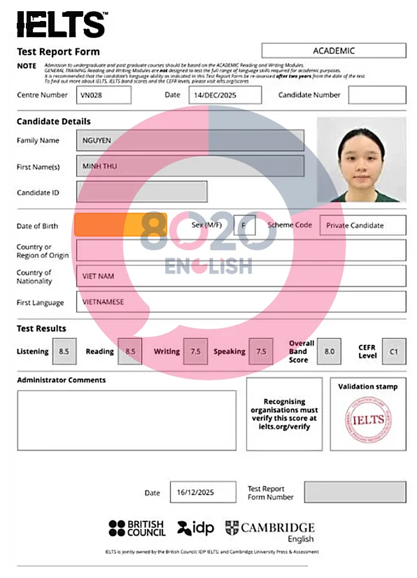 Bảng điểm IELTS học viên 7 — 8.0 overall
