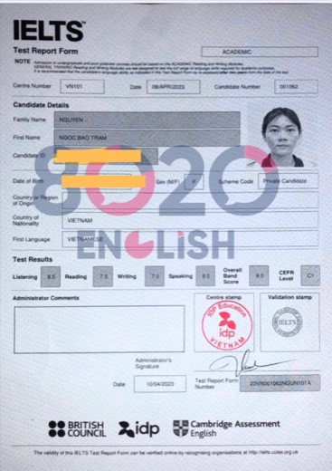 Bằng IELTS 8.0 của học viên 8020