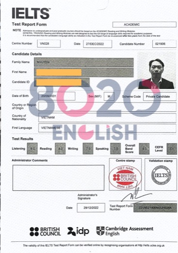 Bằng IELTS 8.0 của học viên 8020