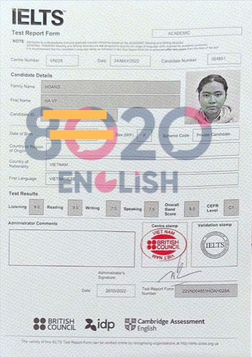 Bằng IELTS 8.0 của học viên 8020