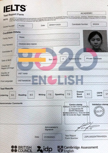 Bằng IELTS 8.0 của học viên 8020