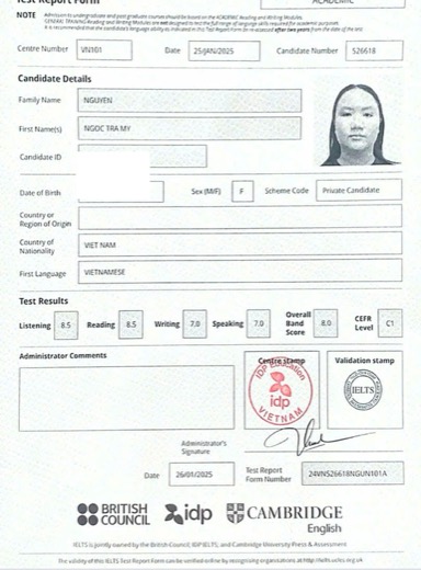 Bằng IELTS 8.0 của học viên 8020