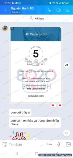 Học viên 8020 đạt AP Calculus BC 5/5 — tin nhắn cảm ơn thầy