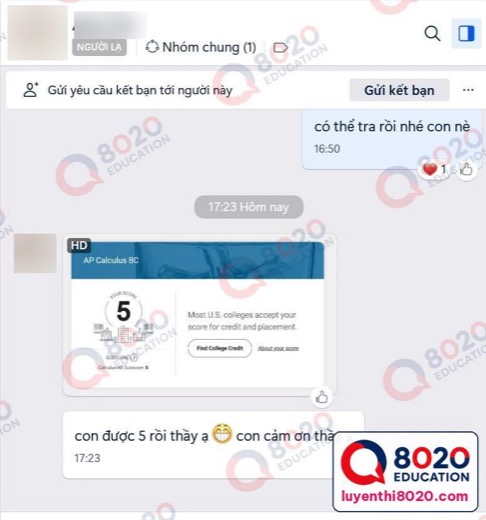 Học viên 8020 báo điểm AP Calculus BC 5/5